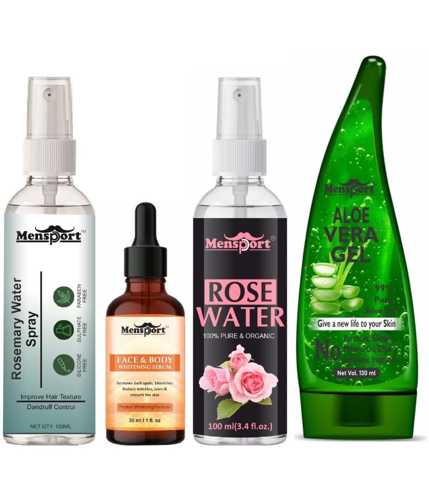     			Mensport Rosemary Water | Hair Spray For Hair Regrowth 100ml, Face and Body Whitening Serum (Perfect Whitening Formula) 30ml, Natural Rose Water 100ml & Natural Aloe Vera Gel 130ml - Set of 4 Items