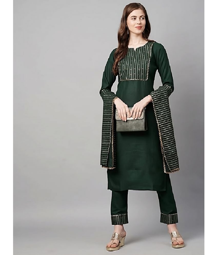     			Parastri Cotton Blend Striped Kurti With Pants Women's Stitched Salwar Suit - Green ( Pack of 1 )