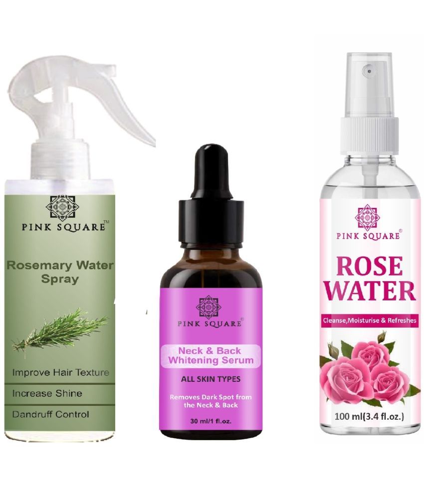     			Rosemary water Hair Spray for Hair Regrowth (100ml), Neck and Back Serum for brightening Skin (30ml) & Rose Water (100ml) Combo of 3