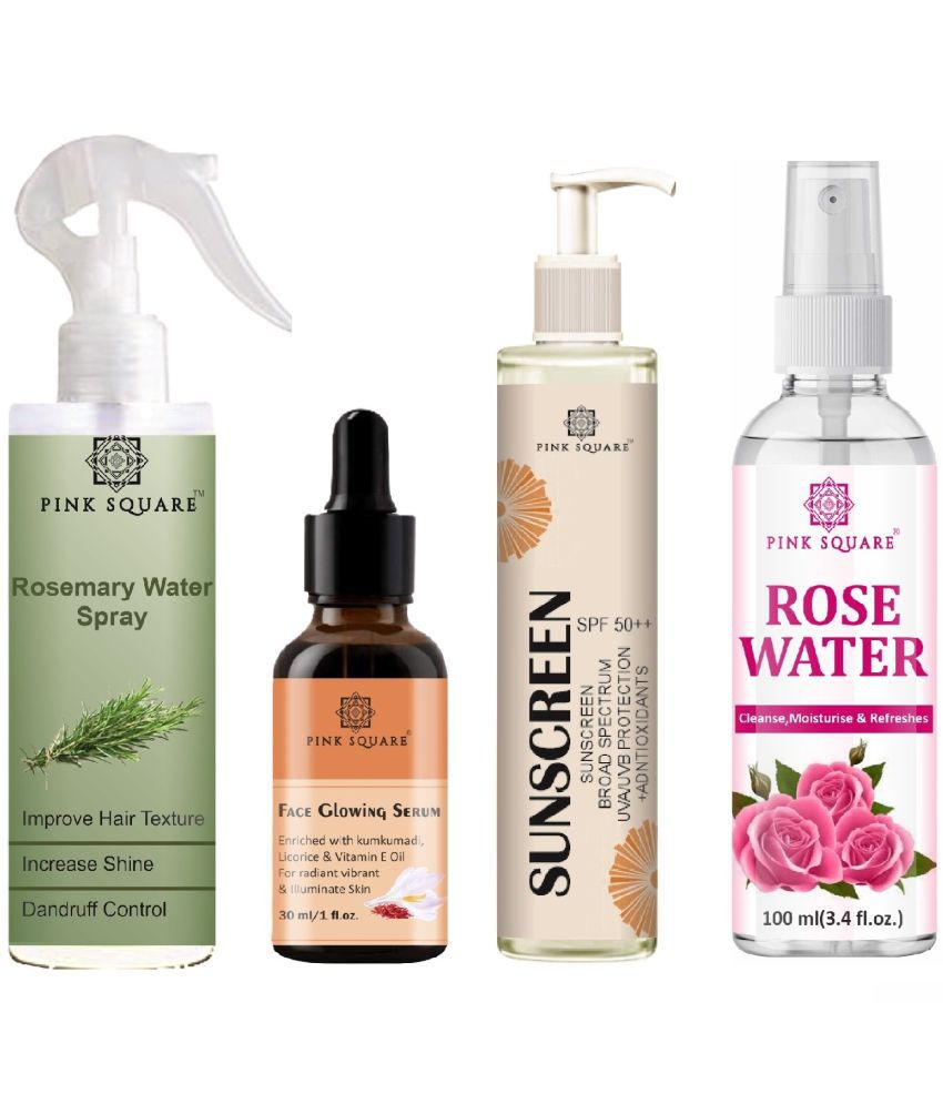    			Rosemary water Hair Spray for Hair Regrowth (100ml), Face Glowing Serum for Illuminate skin (30ml), Sunscreen SPF 50 (100ml) & Rose water (100ml) Combo of 4