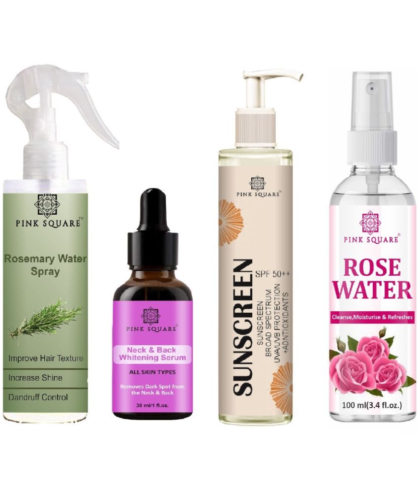     			Rosemary water Hair Spray for Hair Regrowth (100ml), Neck and Back Serum for brightening Skin (30ml), Sunscreen SPF 50 (100ml) & Rose water (100ml) Combo of 4