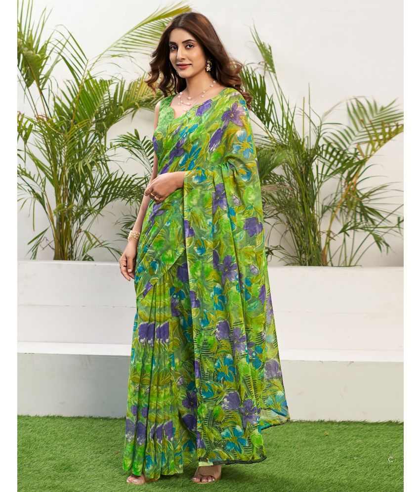     			Samah Chiffon Printed Saree With Blouse Piece - Green ( Pack of 1 )