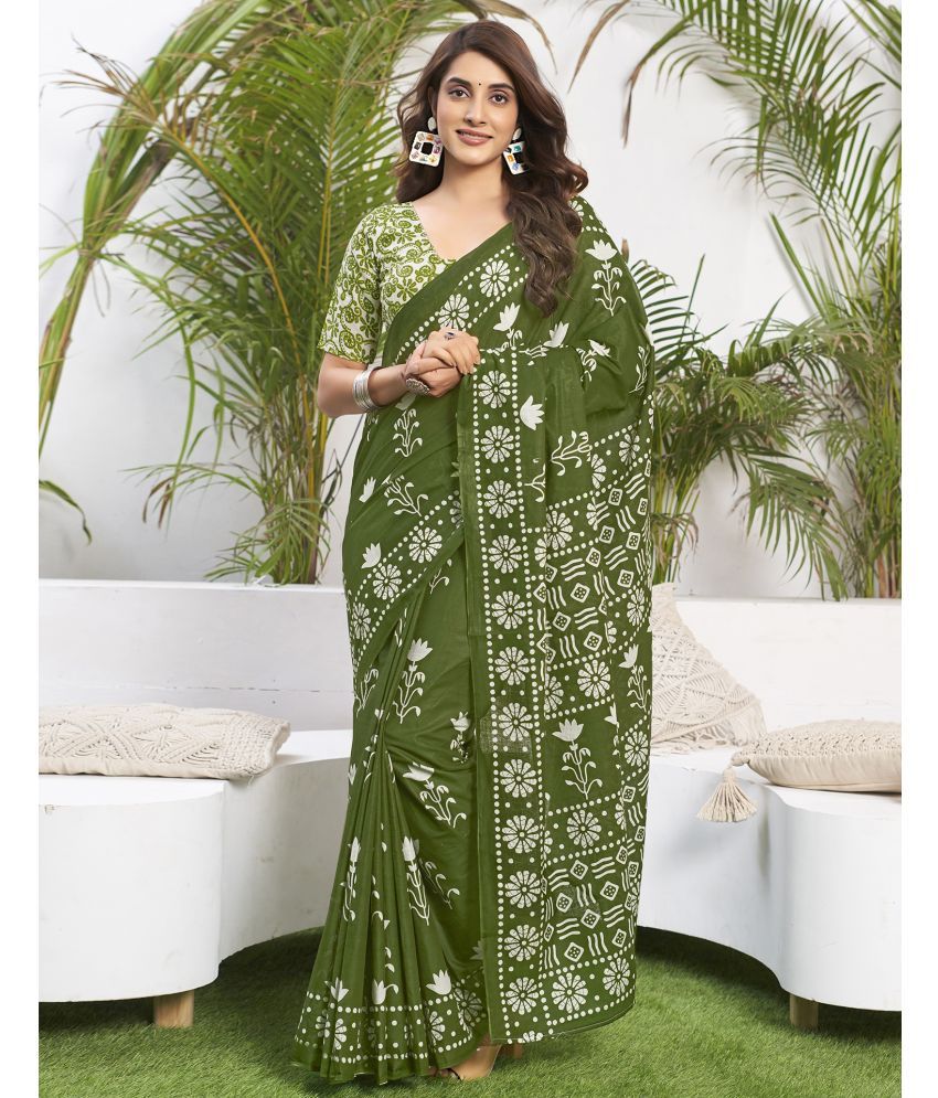     			Samah Cotton Printed Saree With Blouse Piece - Olive ( Pack of 1 )