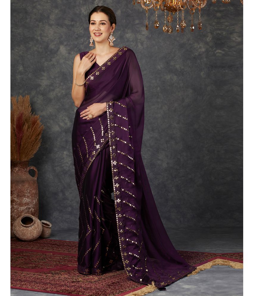     			Samah Georgette Embellished Saree With Blouse Piece - Wine ( Pack of 1 )