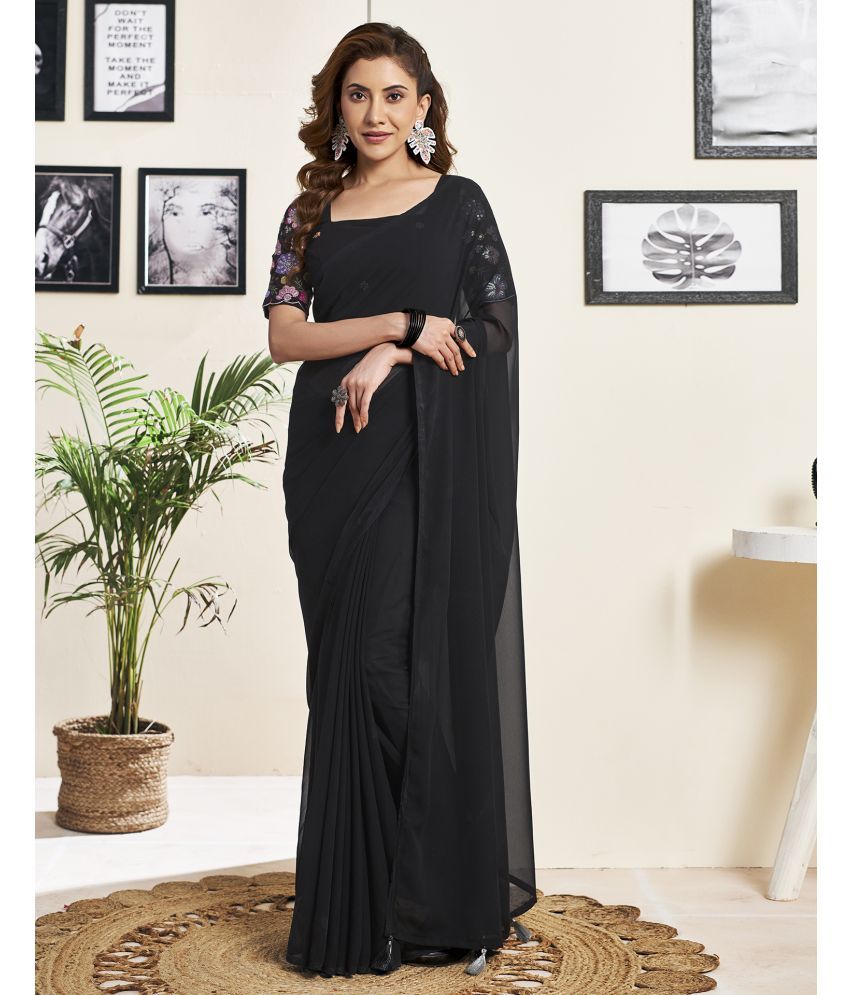     			Samah Georgette Solid Saree With Blouse Piece - Black ( Pack of 1 )