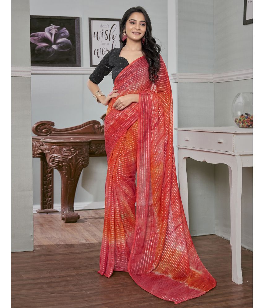     			Samah Georgette Striped Saree With Blouse Piece - Coral ( Pack of 1 )