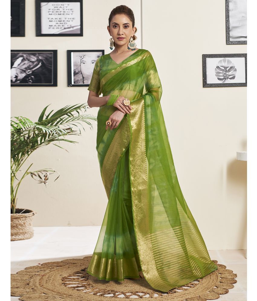     			Samah Organza Printed Saree With Blouse Piece - Green ( Pack of 1 )
