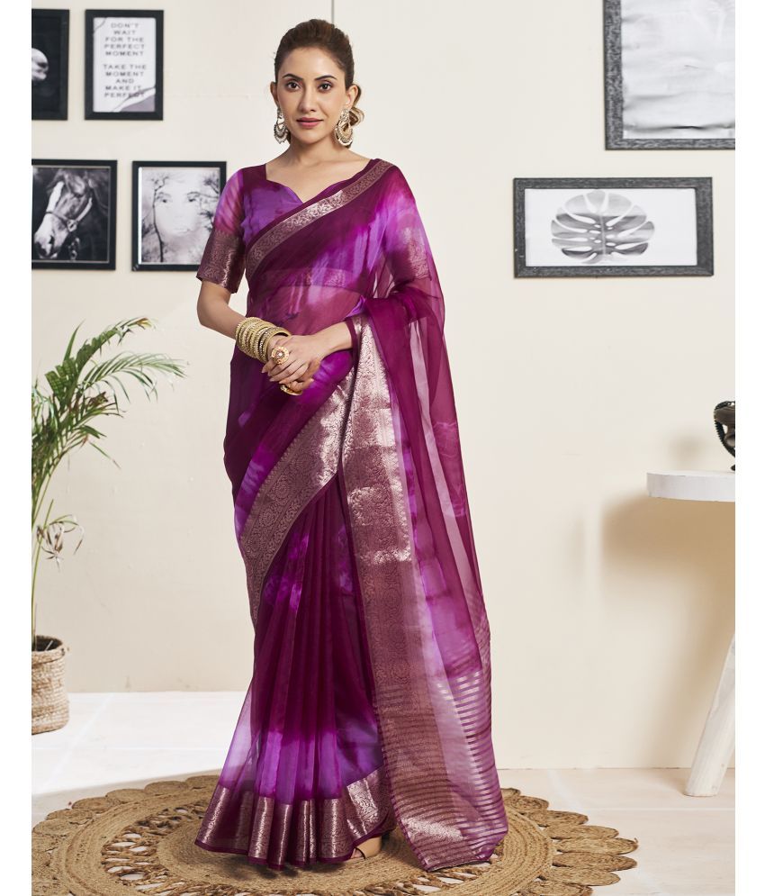     			Samah Organza Printed Saree With Blouse Piece - Wine ( Pack of 1 )