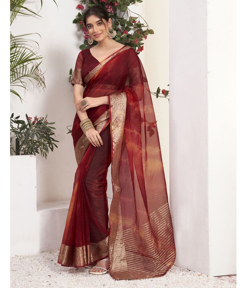     			Samah Organza Printed Saree With Blouse Piece - Maroon ( Pack of 1 )