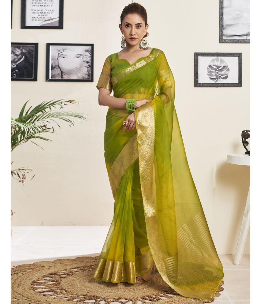     			Samah Organza Printed Saree With Blouse Piece - Lime Green ( Pack of 1 )