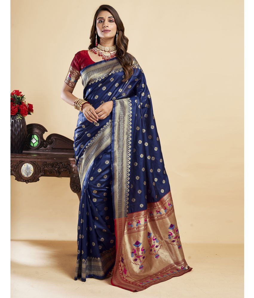     			Samah Silk Self Design Saree With Blouse Piece - Navy Blue ( Pack of 1 )