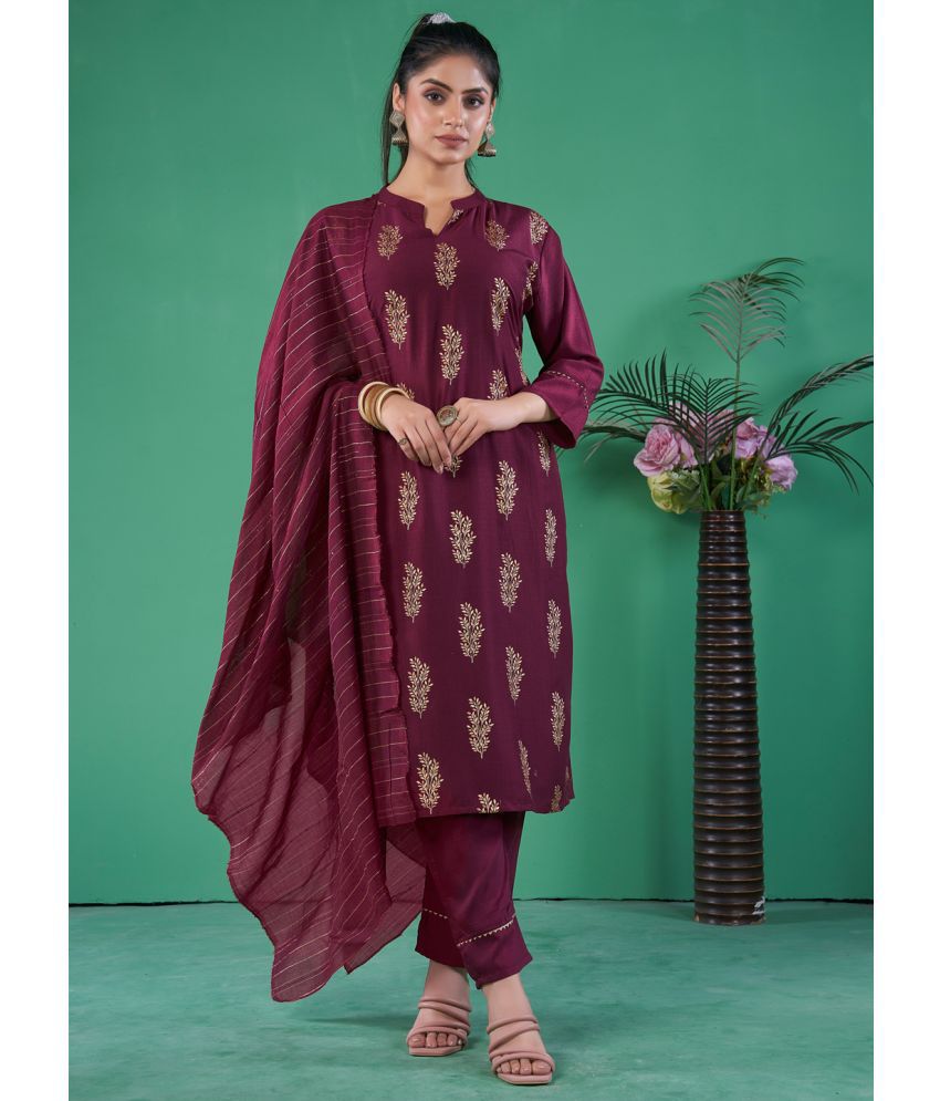     			Style Samsara Silk Printed Kurti With Pants Women's Stitched Salwar Suit - Maroon ( Pack of 1 )