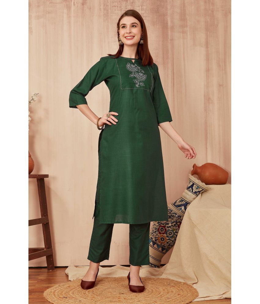     			TRAHIMAM Cotton Blend Embroidered Kurti With Pants Women's Stitched Salwar Suit - Green ( Pack of 1 )