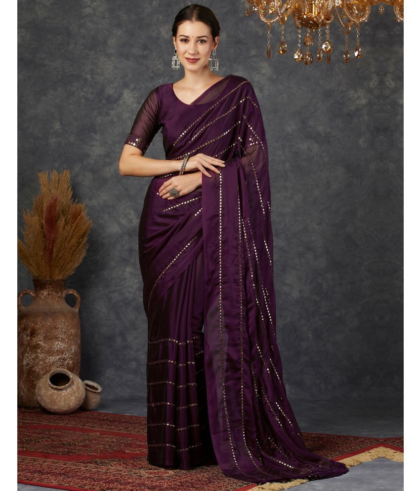     			Satrani Georgette Embellished Saree With Blouse Piece - Wine ( Pack of 1 )