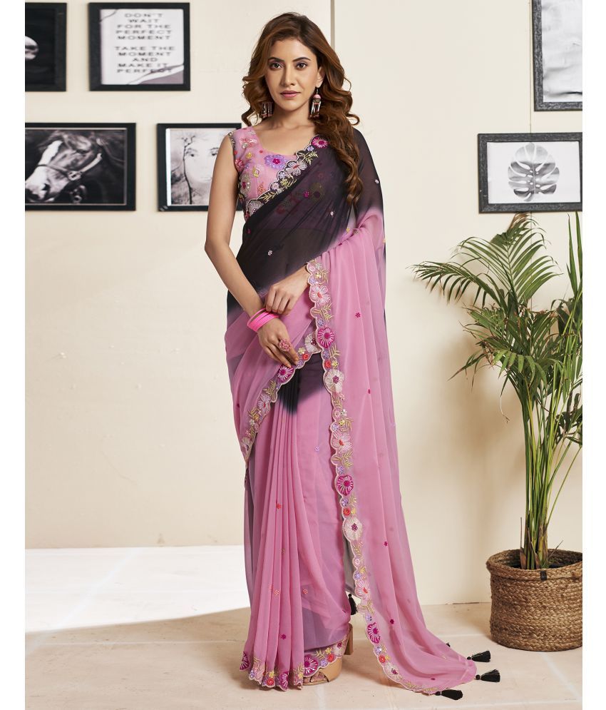     			Satrani Georgette Embroidered Saree With Blouse Piece - Pink ( Pack of 1 )