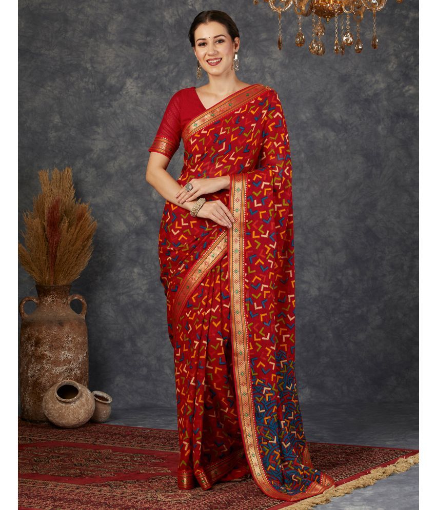     			Satrani Georgette Printed Saree With Blouse Piece - Red ( Pack of 1 )