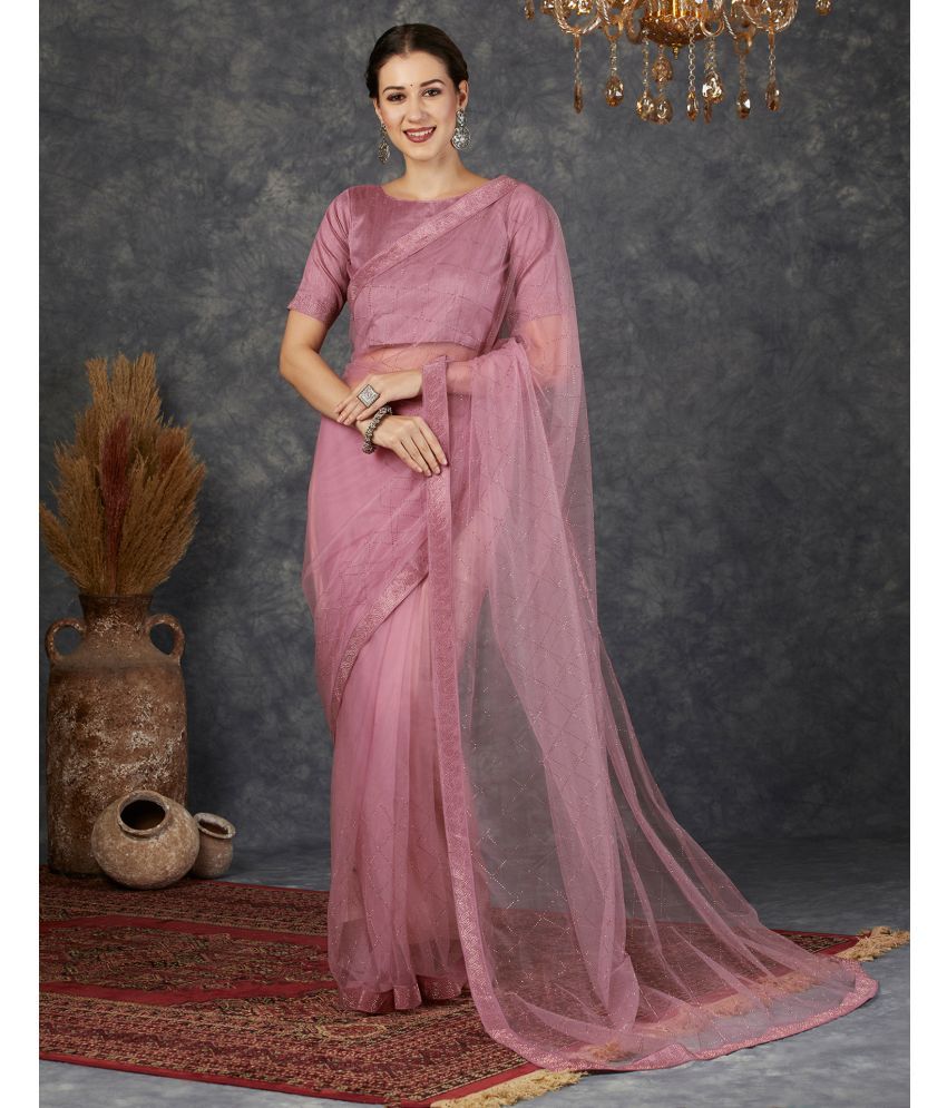     			Satrani Net Embellished Saree With Blouse Piece - Pink ( Pack of 1 )