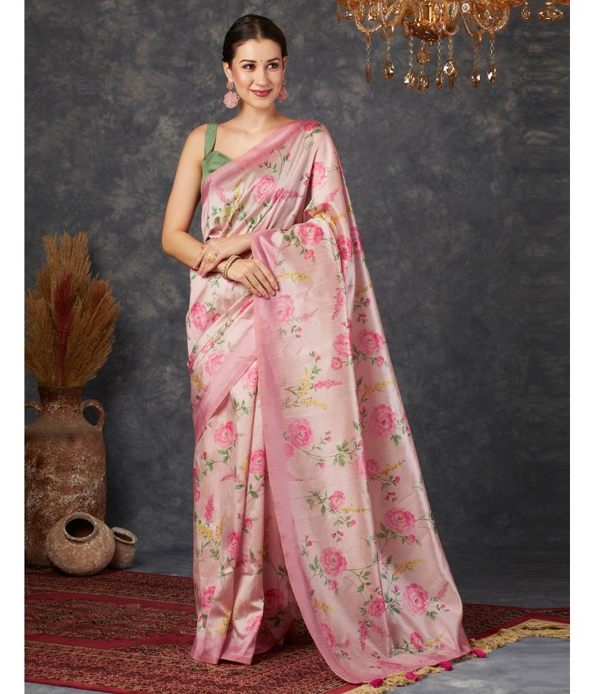     			Satrani Silk Blend Printed Saree With Blouse Piece - Pink ( Pack of 1 )