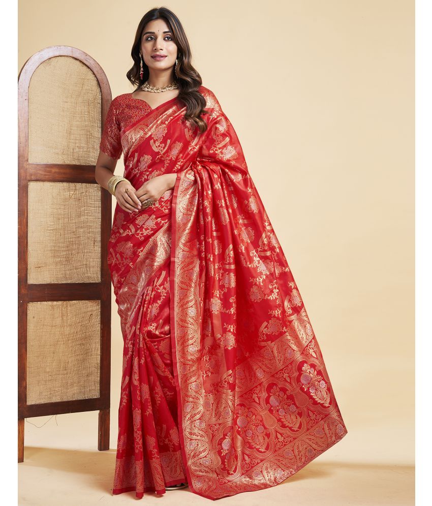     			Satrani Silk Self Design Saree With Blouse Piece - Red ( Pack of 1 )