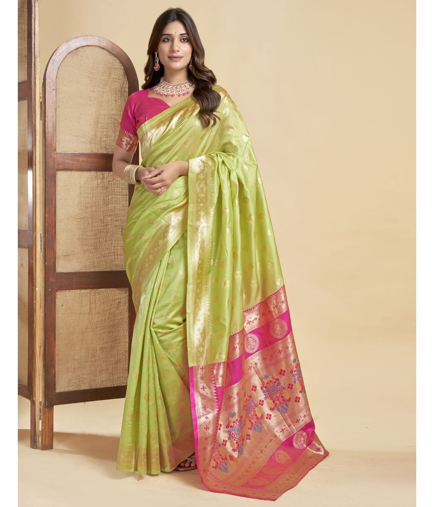     			Satrani Silk Self Design Saree With Blouse Piece - Lime Green ( Pack of 1 )