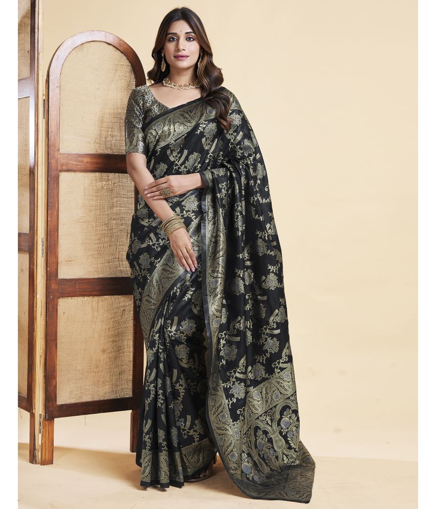     			Satrani Silk Self Design Saree With Blouse Piece - Black ( Pack of 1 )