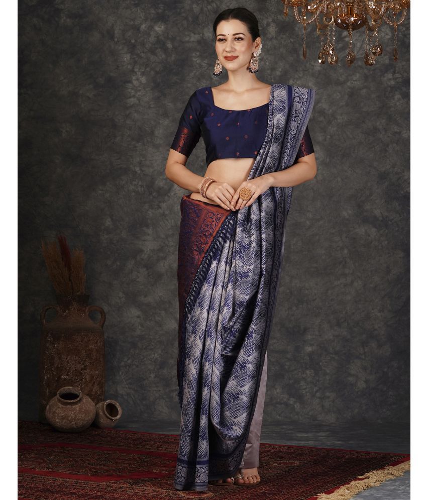     			Satrani Silk Woven Saree With Blouse Piece - Navy Blue ( Pack of 1 )