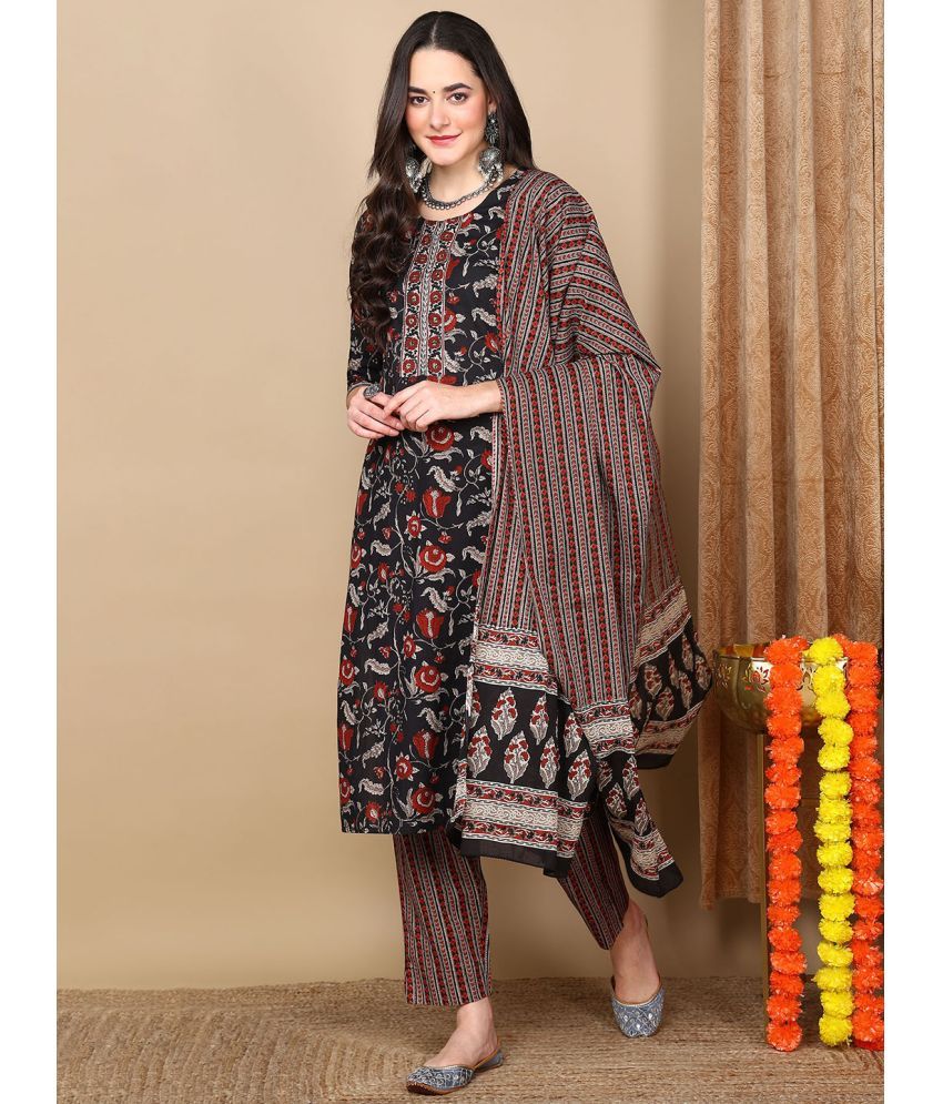     			Vaamsi Rayon Printed Kurti With Pants Women's Stitched Salwar Suit - Black ( Pack of 1 )