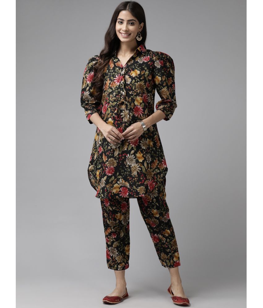     			Aarika Cotton Blend Printed Kurti With Pants Women's Stitched Salwar Suit - Black ( Pack of 1 )