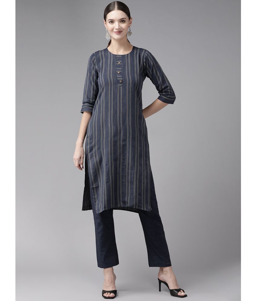     			Aarika Cotton Striped Kurti With Pants Women's Stitched Salwar Suit - Navy ( Pack of 1 )