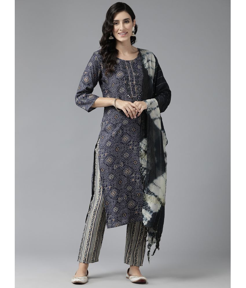     			Aarika Silk Printed Kurti With Pants Women's Stitched Salwar Suit - Navy ( Pack of 1 )