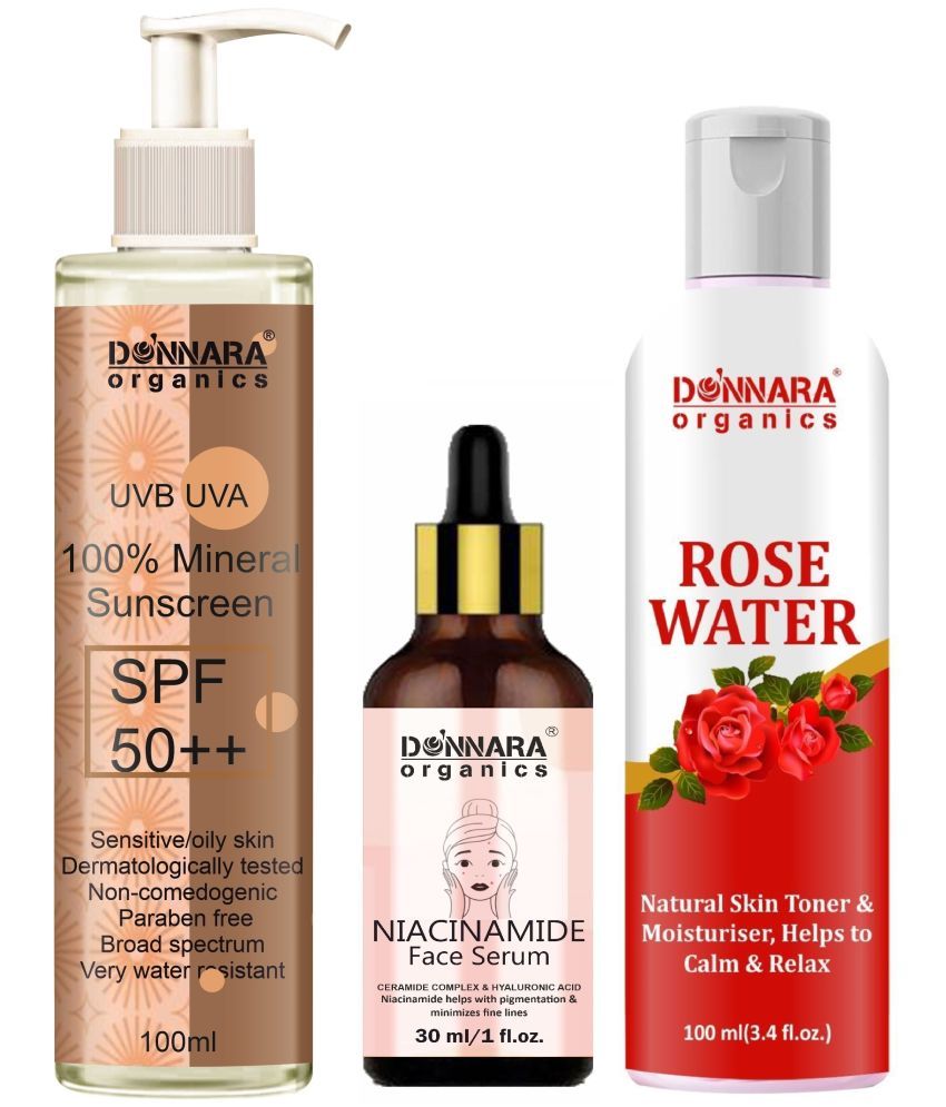     			Donnara Organics 100% Mineral Suncreen Cream UVB & UVA Protection with SPF 50++ 100ml, Niacinamide Face Serum 30ml & Natural Rose Water 100ml - Combo of 3 Items