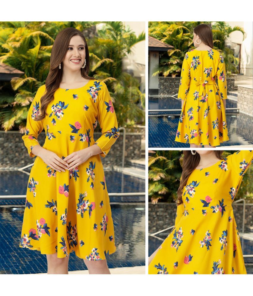     			MISS AYSE Crepe Printed Knee length Women's Fit & Flare Dress - Yellow ( Pack of 1 )