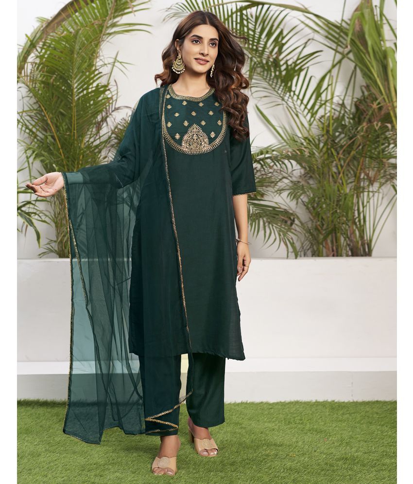     			Skylee Chiffon Embroidered Kurti With Pants Women's Stitched Salwar Suit - Green ( Pack of 1 )