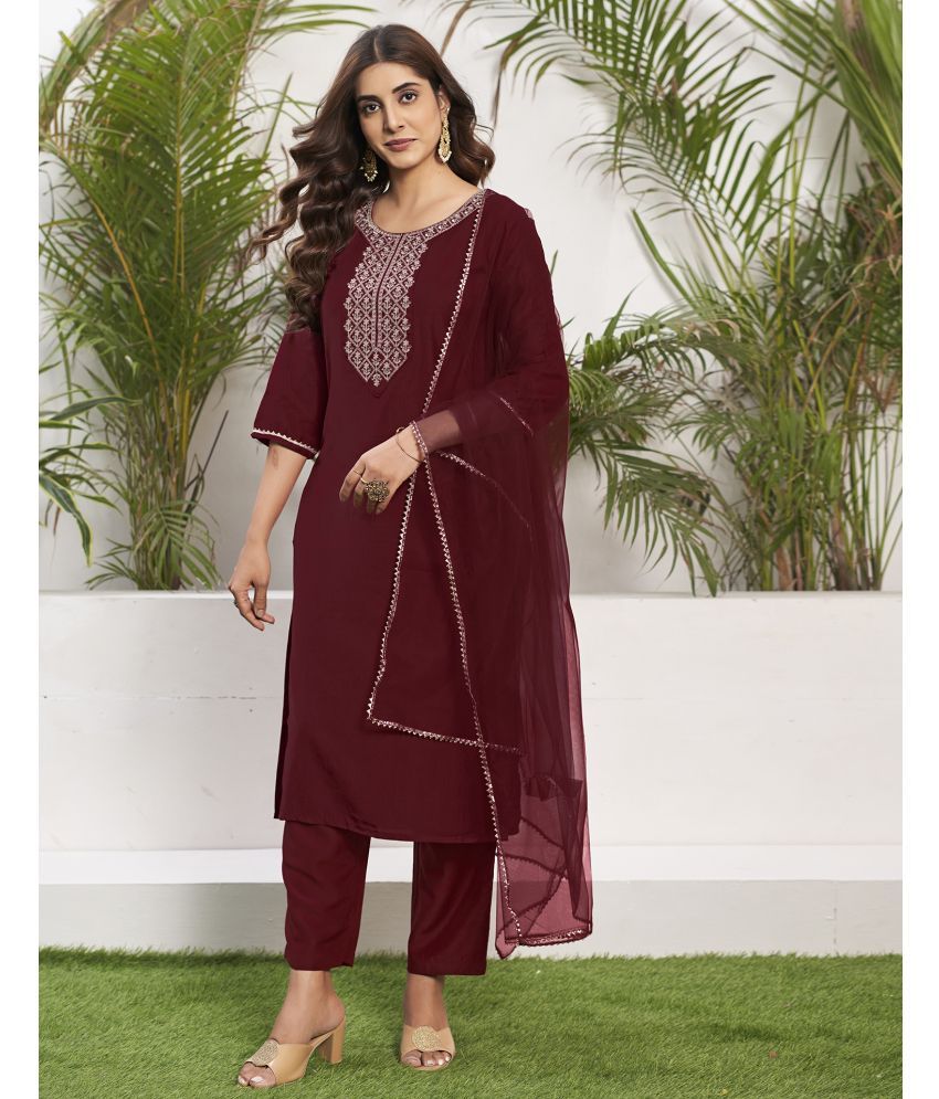     			Skylee Chiffon Embroidered Kurti With Pants Women's Stitched Salwar Suit - Maroon ( Pack of 1 )