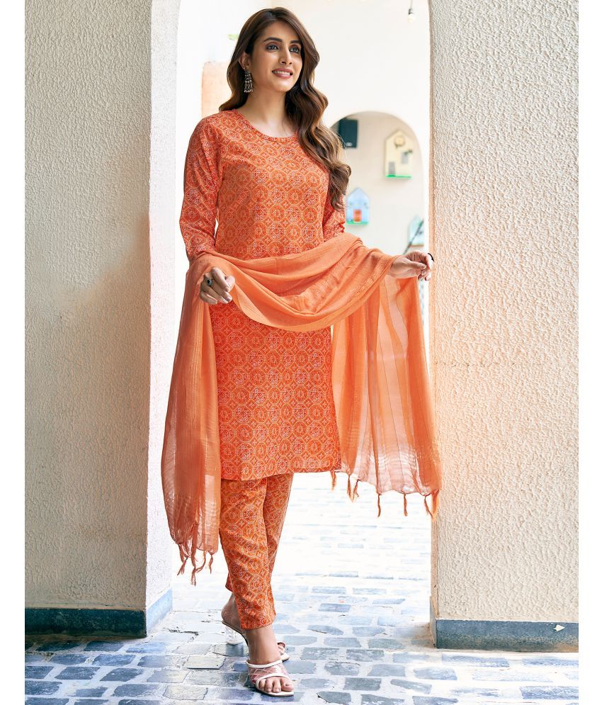     			Skylee Cotton Blend Printed Kurti With Pants Women's Stitched Salwar Suit - Orange ( Pack of 1 )