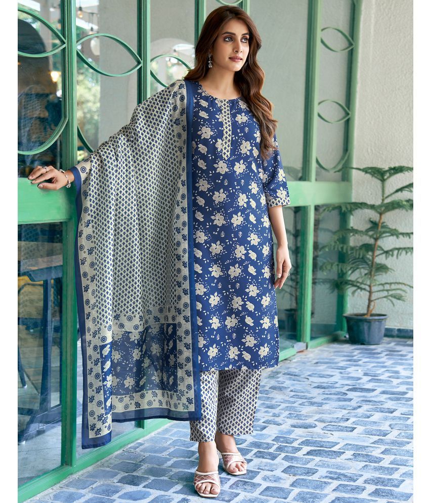     			Skylee Rayon Printed Kurti With Pants Women's Stitched Salwar Suit - Navy Blue ( Pack of 1 )