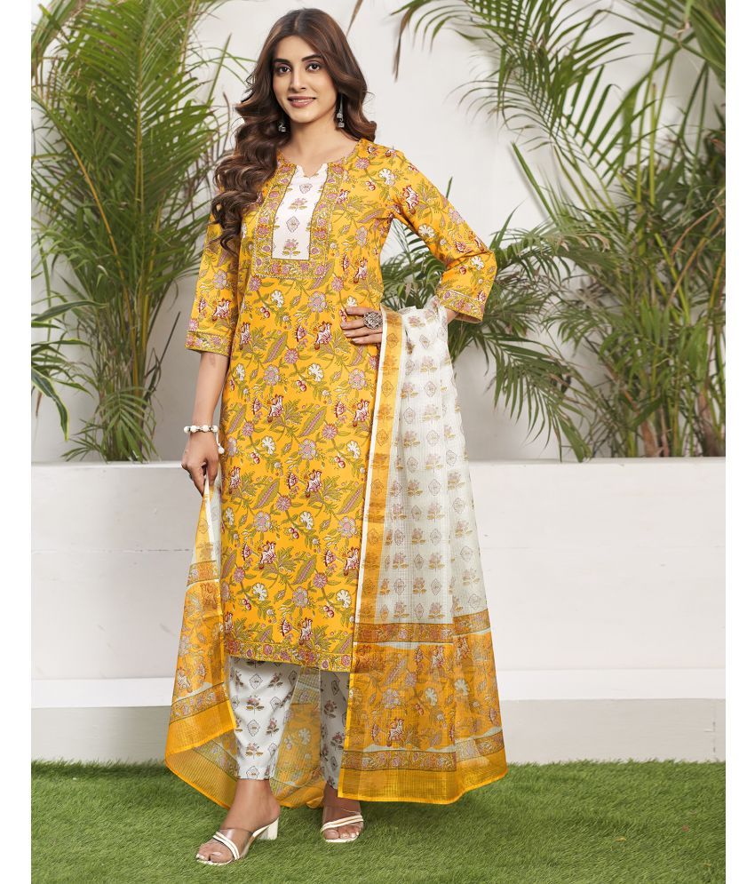     			Skylee Rayon Printed Kurti With Pants Women's Stitched Salwar Suit - Yellow ( Pack of 1 )