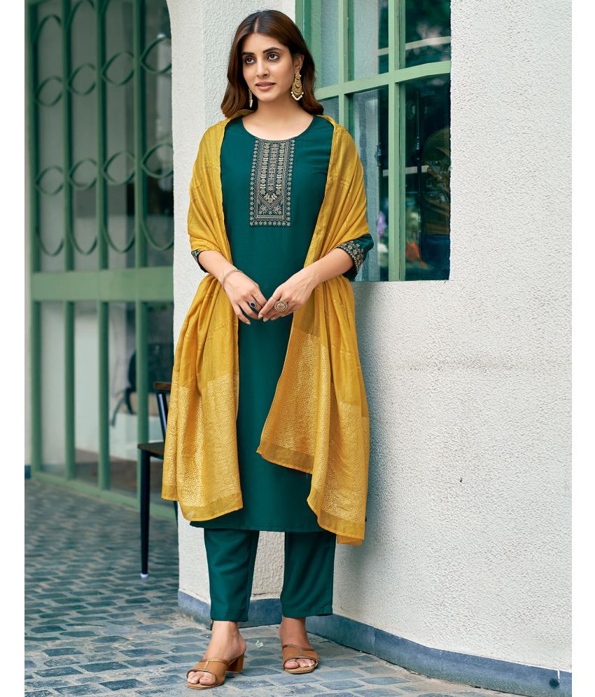     			Skylee Silk Blend Embroidered Kurti With Pants Women's Stitched Salwar Suit - Green ( Pack of 1 )