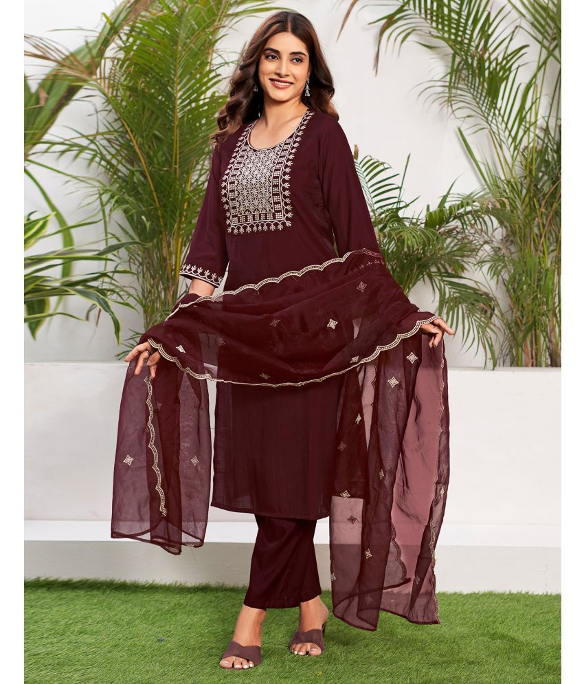     			Skylee Silk Blend Embroidered Kurti With Pants Women's Stitched Salwar Suit - Maroon ( Pack of 1 )