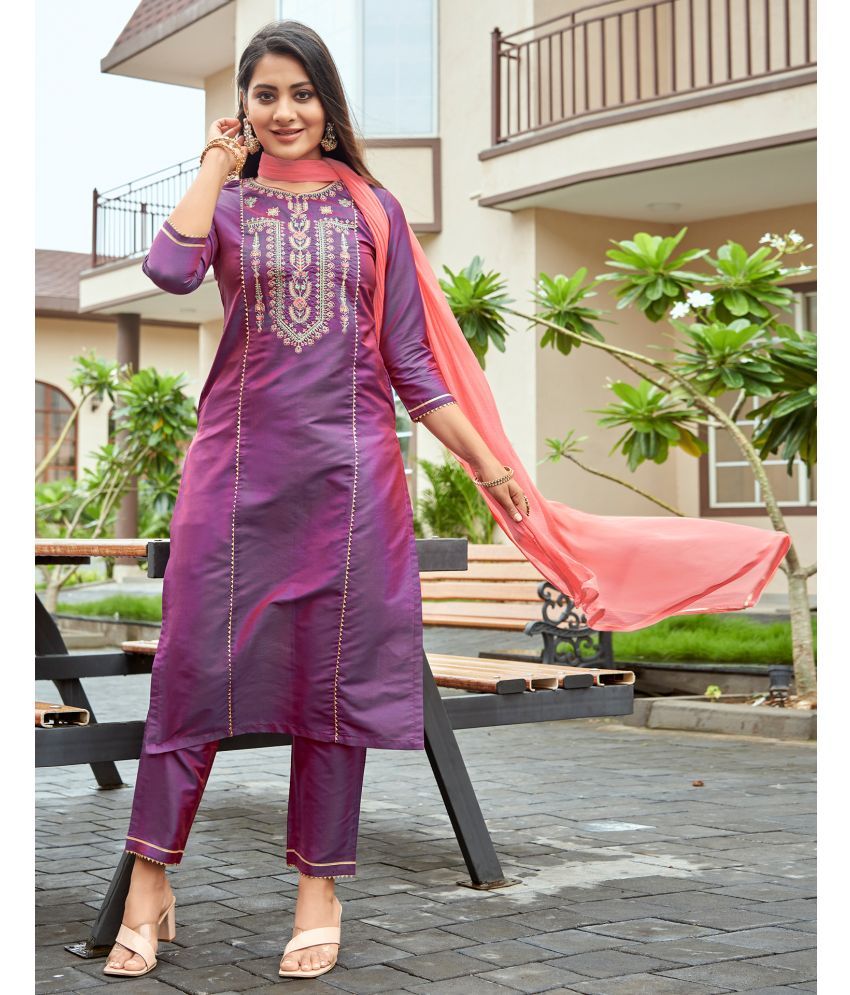     			Skylee Silk Blend Embroidered Kurti With Pants Women's Stitched Salwar Suit - Magenta ( Pack of 1 )