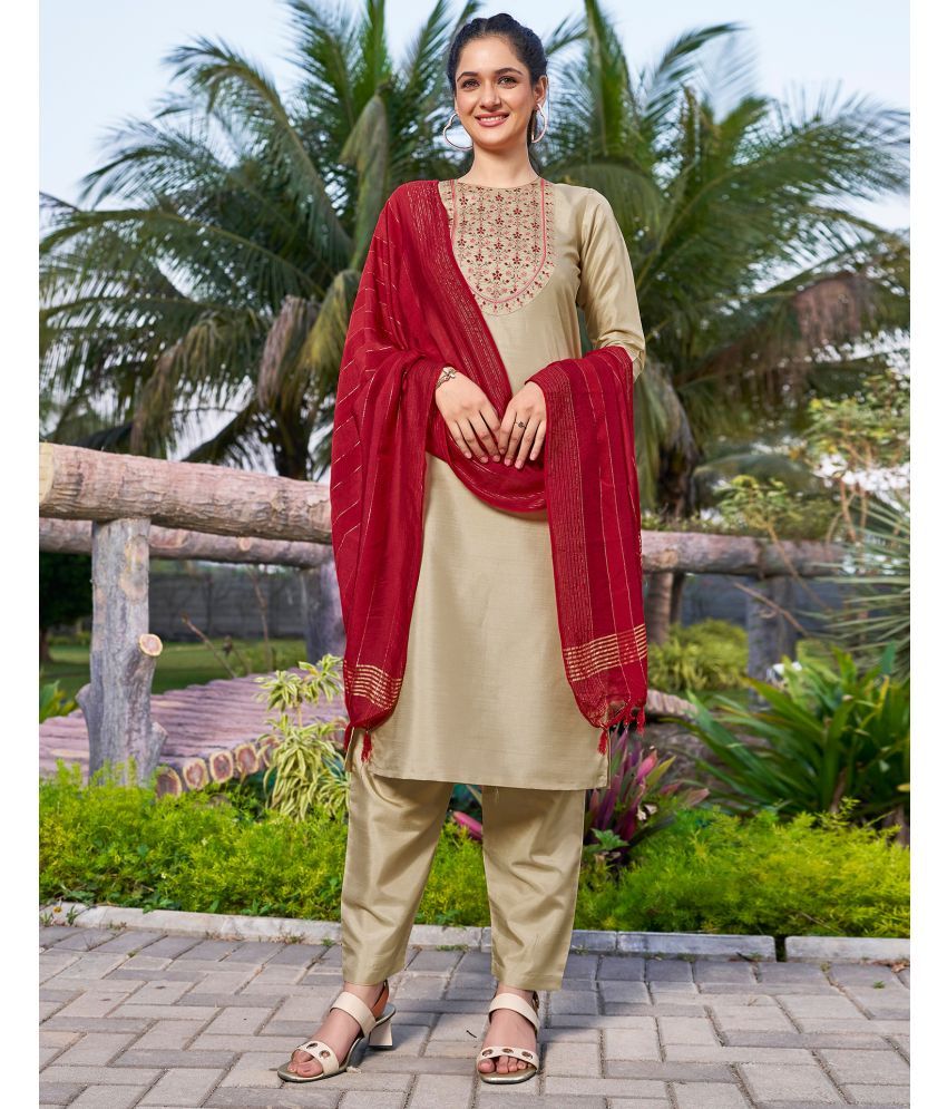     			Skylee Silk Blend Embroidered Kurti With Pants Women's Stitched Salwar Suit - Beige ( Pack of 1 )