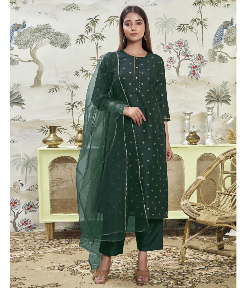     			Skylee Silk Blend Printed Kurti With Pants Women's Stitched Salwar Suit - Green ( Pack of 1 )