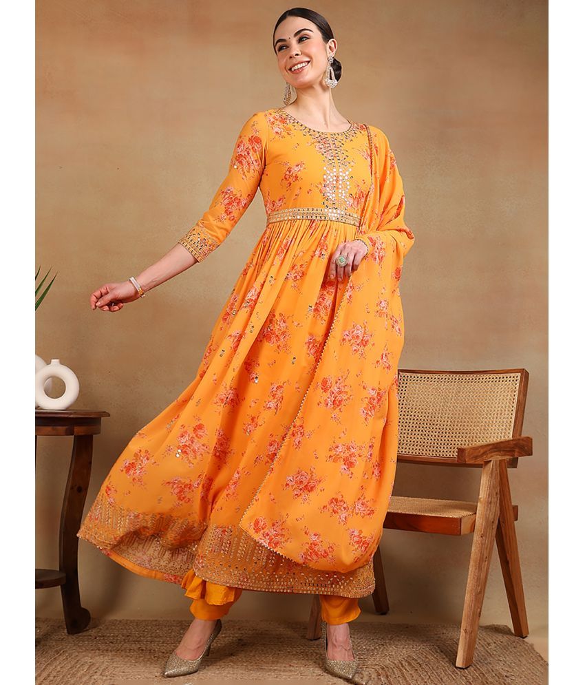     			Vaamsi Georgette Printed Kurti With Pants Women's Stitched Salwar Suit - Orange ( Pack of 1 )