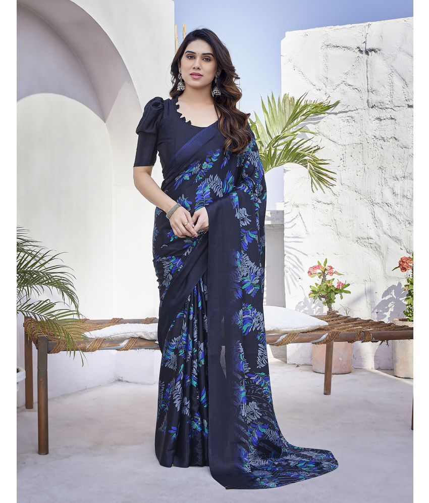     			Yashika Silk Blend Printed Saree With Blouse Piece - Navy Blue ( Pack of 1 )