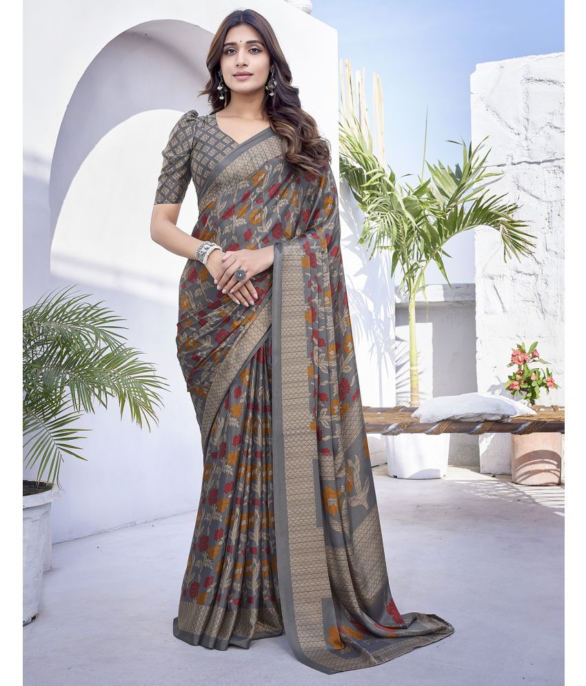     			Yashika Silk Blend Printed Saree With Blouse Piece - Grey ( Pack of 1 )