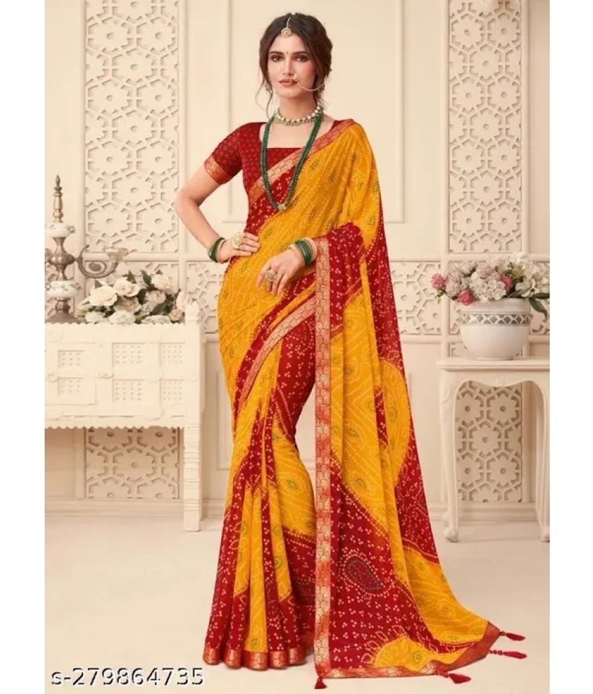     			Nandini Creation Chiffon Printed Saree With Blouse Piece - Yellow ( Pack of 1 )