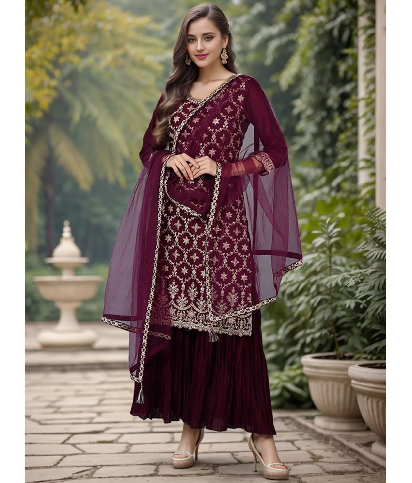     			Vaamsi Silk Blend Embroidered Kurti With Sharara And Gharara Women's Stitched Salwar Suit - Burgundy ( Pack of 1 )