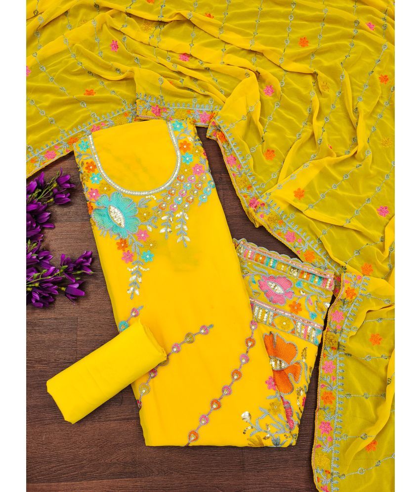     			Aika Unstitched Georgette Embellished Dress Material - Yellow ( Pack of 1 )