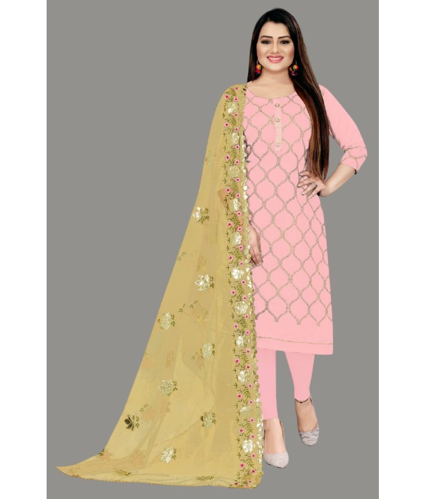     			Apnisha Unstitched Chanderi Embroidered Dress Material - Peach ( Pack of 1 )