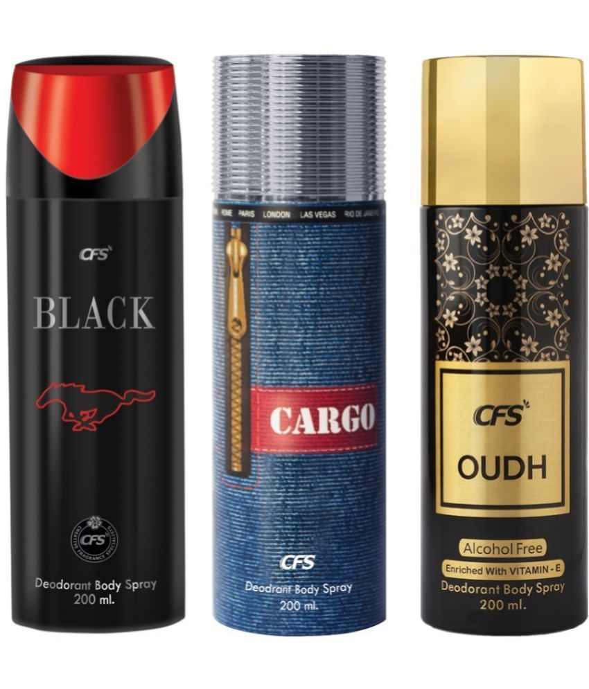     			CFS  Cargo Blue, Black & Oudh Black Body Spray for Unisex 600 ml ( Pack of 3 )